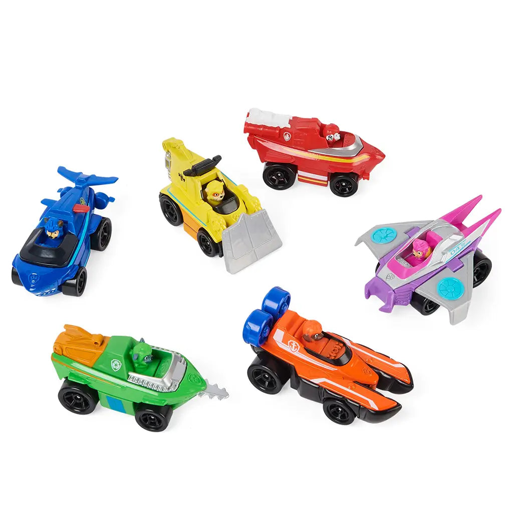 PAW Patrol toy vehicles in bright multicolor plastic and metal finishes, small rounded car and hovercraft shapes for imaginative rescue play, arranged individually on a clean white background for display
