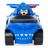 PAW Patrol Chase toy vehicle in blue and black metal with light blue accents, compact hovercraft form for aquatic rescue missions, shown in front view isolated on a clean white studio background