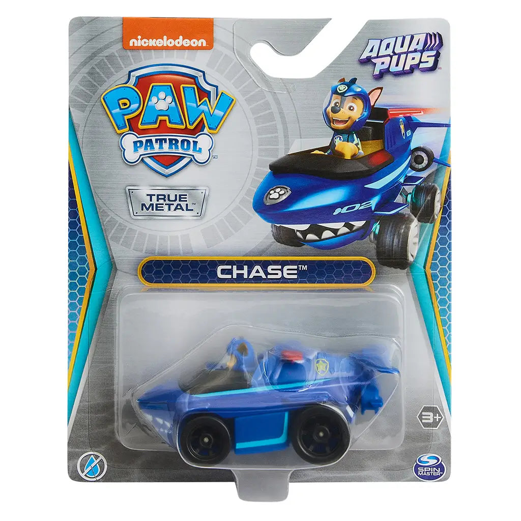 PAW Patrol Chase Aqua Pups toy in blue and black metal with light blue accents, compact hovercraft-style vehicle for water rescue play, displayed in retail packaging with Nickelodeon branding on gray