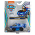 PAW Patrol Chase Aqua Pups toy in blue and black metal with light blue accents, compact hovercraft-style vehicle for water rescue play, displayed in retail packaging with Nickelodeon branding on gray