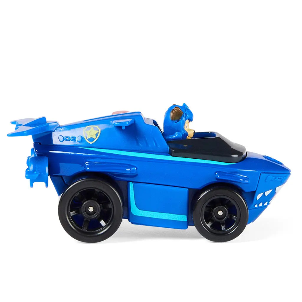 PAW Patrol Chase toy car in blue and black metal with light blue detailing, elongated hovercraft-style shape for water rescue adventures, side profile view isolated on a clean white studio background