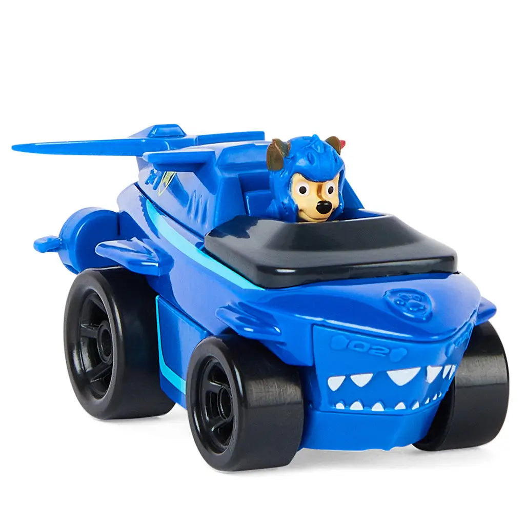 PAW Patrol Chase die-cast vehicle in blue and black metal with light blue stripe accents, compact rounded hovercraft design for kids rescue play, angled product view on a plain white backdrop
