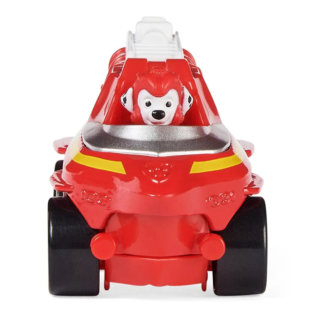 Paw Patrol Marshall Aqua Pups toy vehicle in red plastic and metal textures, compact rounded rescue car shape with character figure, front view on a plain white studio background.