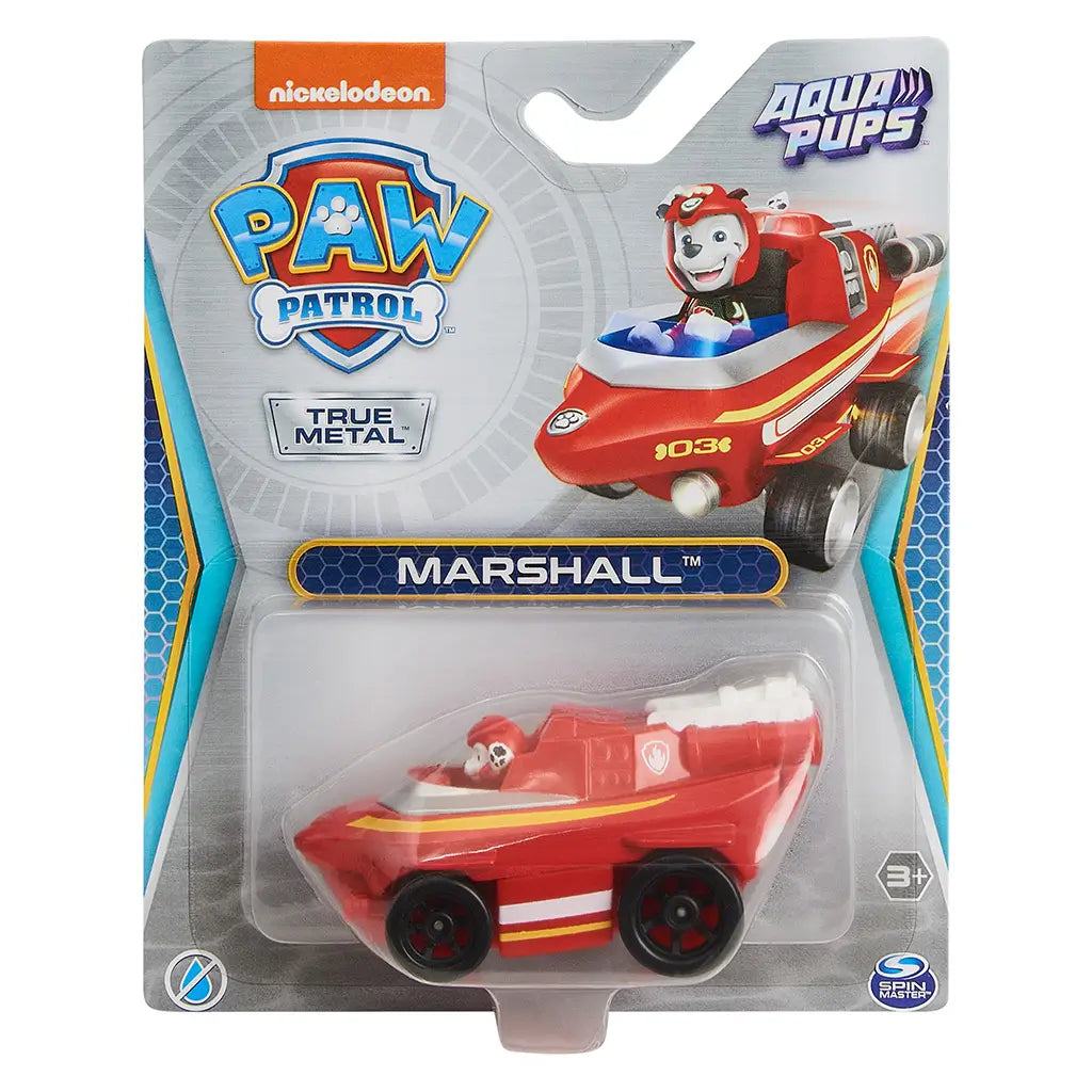 Paw Patrol Marshall Aqua Pups die-cast vehicle in red plastic and metal finish, compact rounded rescue car shape in retail packaging, shown on branded Nickelodeon card backing in store display setting.