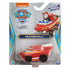 Paw Patrol Marshall Aqua Pups die-cast vehicle in red plastic and metal finish, compact rounded rescue car shape in retail packaging, shown on branded Nickelodeon card backing in store display setting.