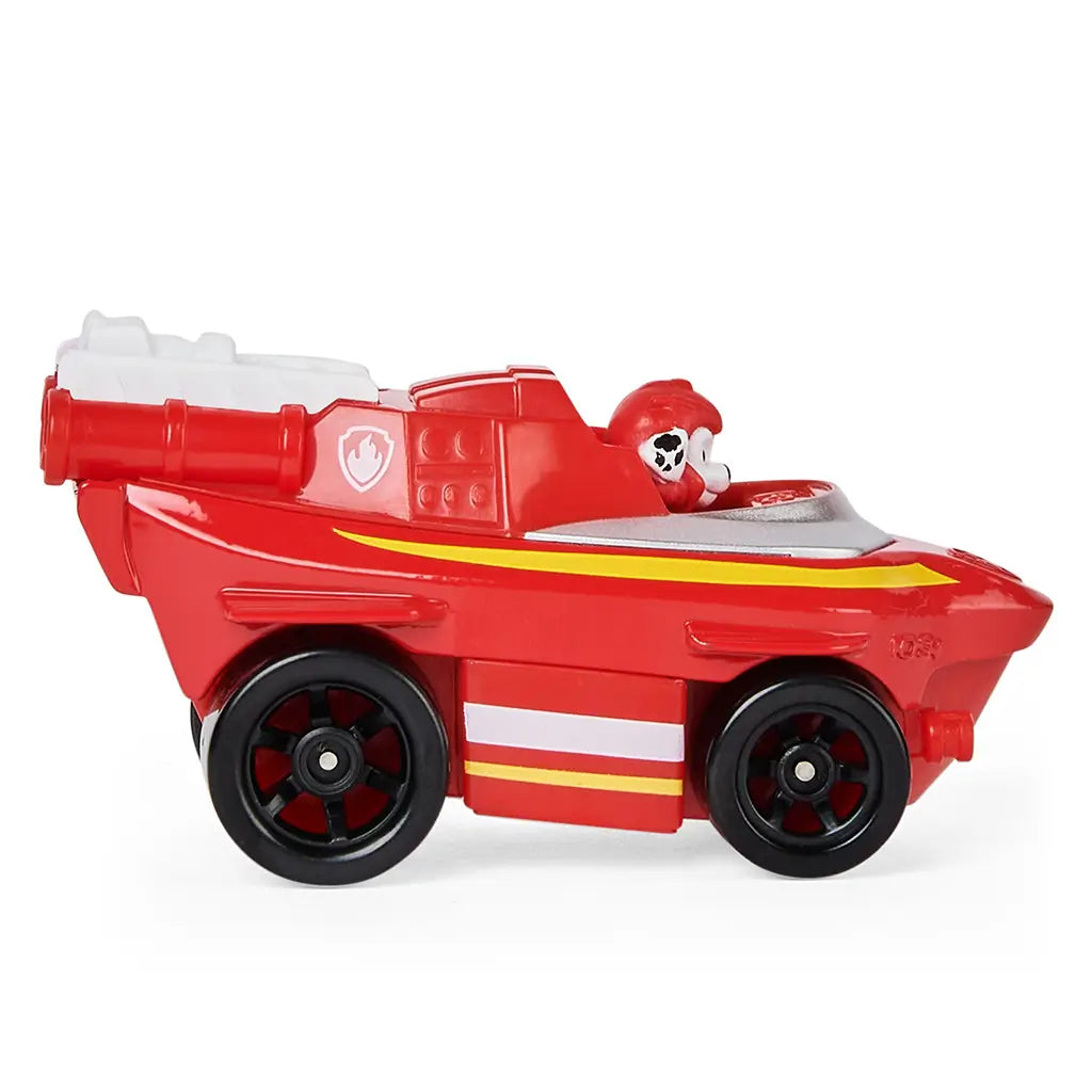 Paw Patrol Marshall Aqua Pups toy car in red plastic with smooth glossy finish, compact rounded vehicle form for play, side view highlighting wheels and details on a clean white background.