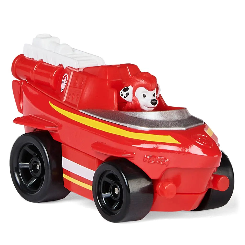 Paw Patrol Marshall Aqua Pups die-cast toy car in red plastic and metal finish, compact rounded vehicle shape with character driver, angled view on a clean white studio background.