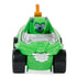 Green die-cast Paw Patrol Rocky Aqua Pups vehicle with smooth plastic finish, rounded front shape, character driver visible, and black wheels facing forward on a white background.