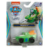 Green die-cast Paw Patrol Rocky Aqua Pups vehicle sealed in clear blister packaging on Nickelodeon branded card, featuring logo, character art, and age label on retail display.