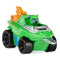 Green die-cast Paw Patrol Rocky Aqua Pups vehicle with smooth plastic body, compact rounded shape, recycling tool arm, and black wheels on a plain white studio background.