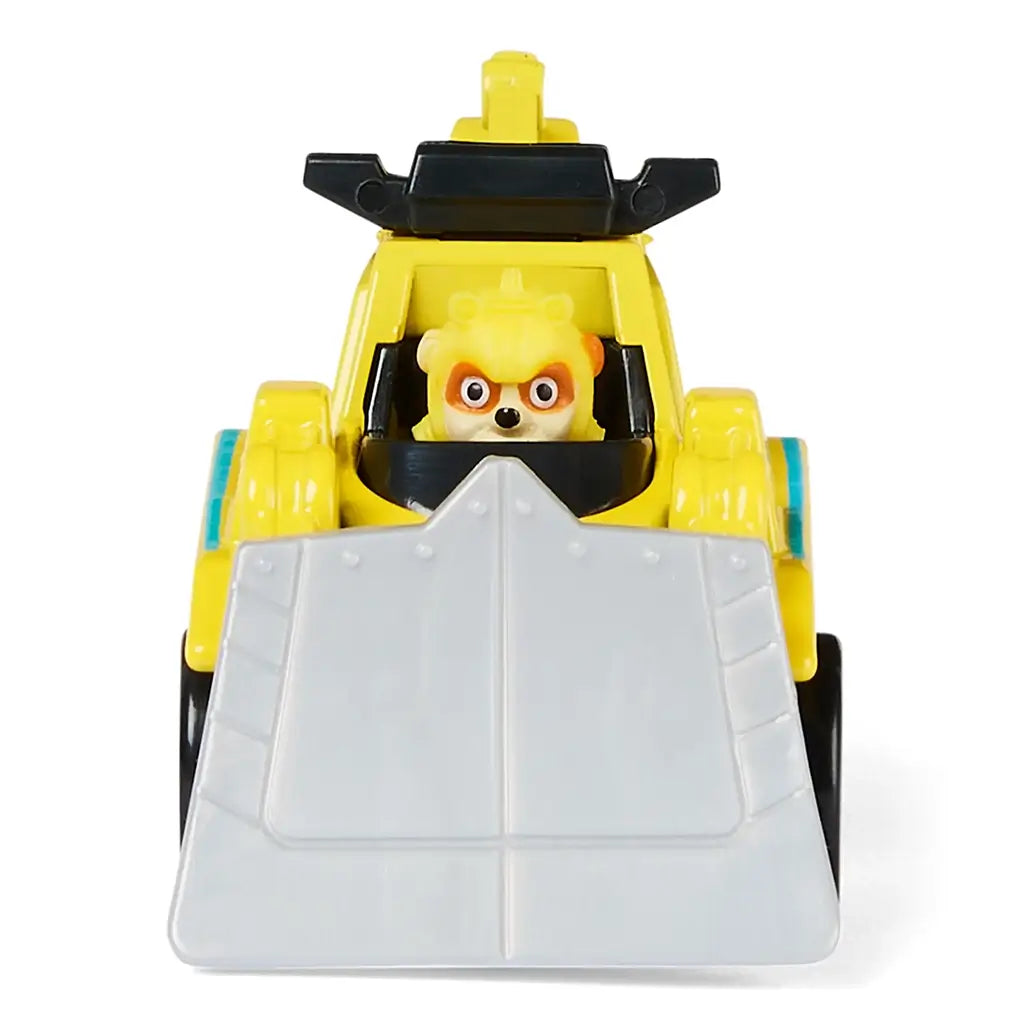 Paw Patrol Rubble Aqua Pups toy vehicle in bright yellow plastic with smooth glossy texture, compact bulldozer car shape with wide gray scoop, front view on a clean white studio background.