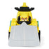 Paw Patrol Rubble Aqua Pups toy vehicle in bright yellow plastic with smooth glossy texture, compact bulldozer car shape with wide gray scoop, front view on a clean white studio background.