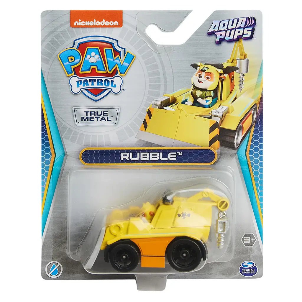 Paw Patrol Rubble Aqua Pups die-cast vehicle in yellow plastic and metal finish, compact bulldozer-style car shape in retail packaging, displayed on Nickelodeon branded card with clear blister front.