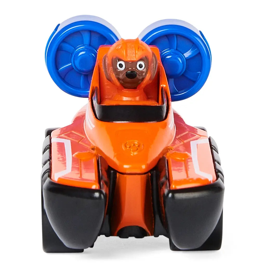 PAW Patrol Zuma toy vehicle in orange and black metal with blue turbine fans, compact hovercraft form for aquatic rescue missions, shown in front view isolated on a clean white studio background