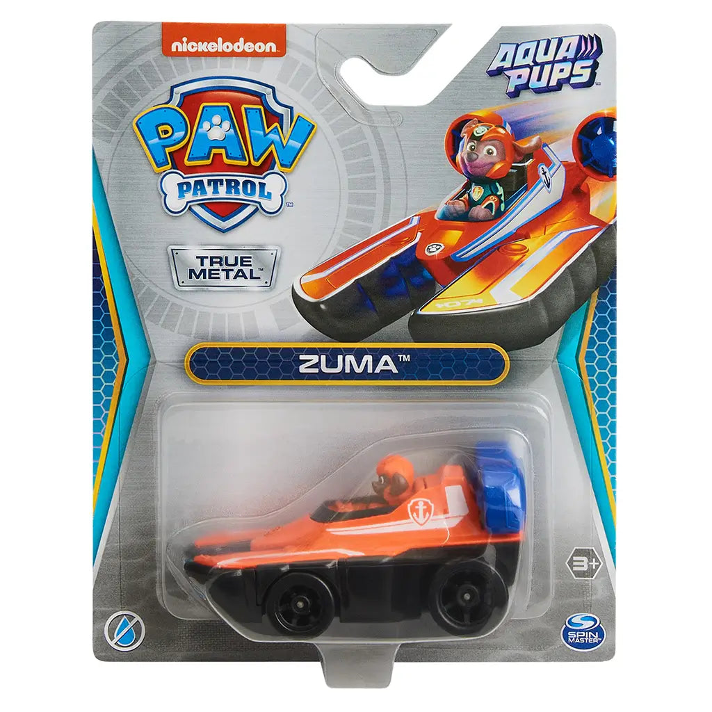 PAW Patrol Zuma Aqua Pups toy in orange and black metal with blue fan details, compact hovercraft-style vehicle for water rescue play, packaged in retail box with Nickelodeon branding on gray background