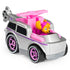 PAW Patrol Skye die-cast vehicle in pink and silver metal, compact car form with helicopter rotor detail for rescue-themed play, isolated product shown at an angle on a clean white studio background