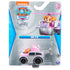 PAW Patrol Skye toy vehicle in pink and silver metal finish, compact helicopter-style car with rotor top for imaginative rescue play, displayed in retail packaging with Nickelodeon branding on a light gray background