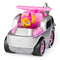 PAW Patrol Skye toy car in pink and silver metal finish, rounded compact shape with top rotor and character driver, designed for kids rescue adventures, displayed in angled studio view on a plain white backdrop