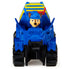 Blue die-cast Paw Patrol Chase Dino Rescue truck with smooth plastic body, wide front shape, visible character driver, and large black wheels facing forward on white background.