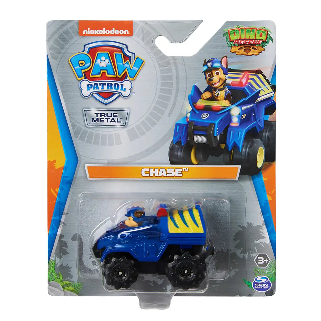 Blue die-cast Paw Patrol Dino Rescue Chase truck in clear plastic blister packaging on Nickelodeon card, featuring bold logo, character art, and age label on retail display.