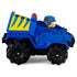 Blue die-cast Paw Patrol Chase Dino Rescue truck with smooth plastic body, rugged off-road shape, yellow rear detail, and black wheels in side profile on white background.