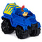 Blue die-cast Paw Patrol Chase Dino Rescue truck with smooth plastic finish, chunky off-road shape, yellow cargo detail, and black wheels shown at an angled view on white background.
