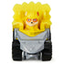 PAW Patrol Rubble toy truck bright yellow metal and plastic body with black rugged wheels and gray front scoop, featuring Rubble character seated in cab, displayed against clean white background.