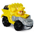 PAW Patrol Rubble toy truck yellow metal and plastic construction vehicle with black wheels and gray scoop attachment, featuring seated Rubble figure, isolated on white background for product display.