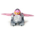 Paw Patrol Skye Dino Rescue toy vehicle in pink and silver plastic with smooth metallic texture, compact jet-shaped car form with wings and character figure, front view on a clean white background.