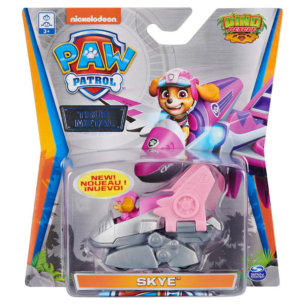 Paw Patrol Skye Dino Rescue die-cast vehicle in pink and silver metal and plastic finish, compact jet-style car shape in retail packaging, displayed on Nickelodeon branded card with clear blister front.