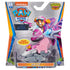 Paw Patrol Skye Dino Rescue die-cast vehicle in pink and silver metal and plastic finish, compact jet-style car shape in retail packaging, displayed on Nickelodeon branded card with clear blister front.