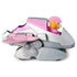 Paw Patrol Skye Dino Rescue toy vehicle in pink and silver plastic and metal textures, compact jet-inspired car shape with wings, side view showing wheels and details on a clean white background.