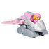 Paw Patrol Skye Dino Rescue die-cast toy car in pink and silver plastic and metal finish, compact winged jet vehicle shape with character driver, angled view on a plain white studio background.