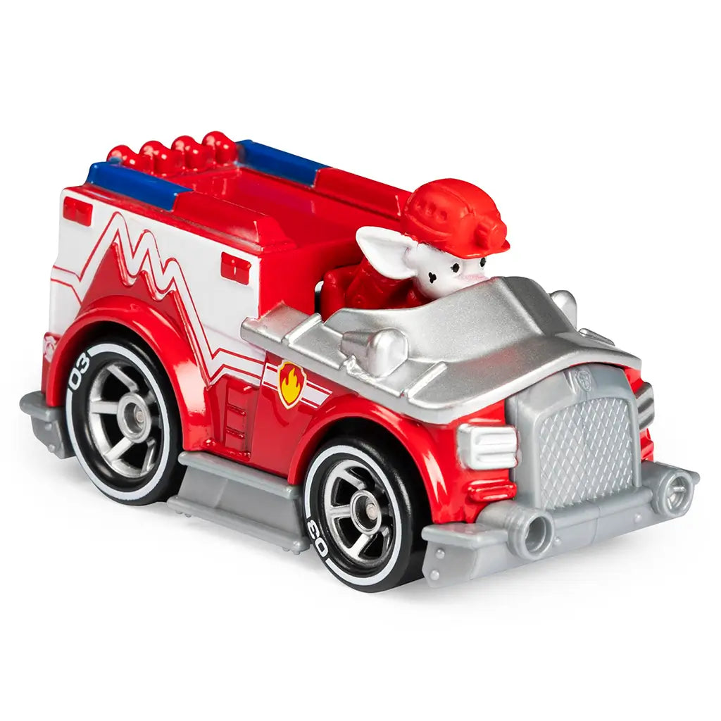 Red die-cast Paw Patrol Marshall EMT fire truck with silver accents, black wheels, and character driver figure, compact rescue vehicle side profile on a clean white background.