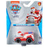 Red die-cast Paw Patrol Marshall EMT fire truck toy in clear plastic blister packaging on gray Nickelodeon card, featuring character art, bold logo, and age label on a retail display.