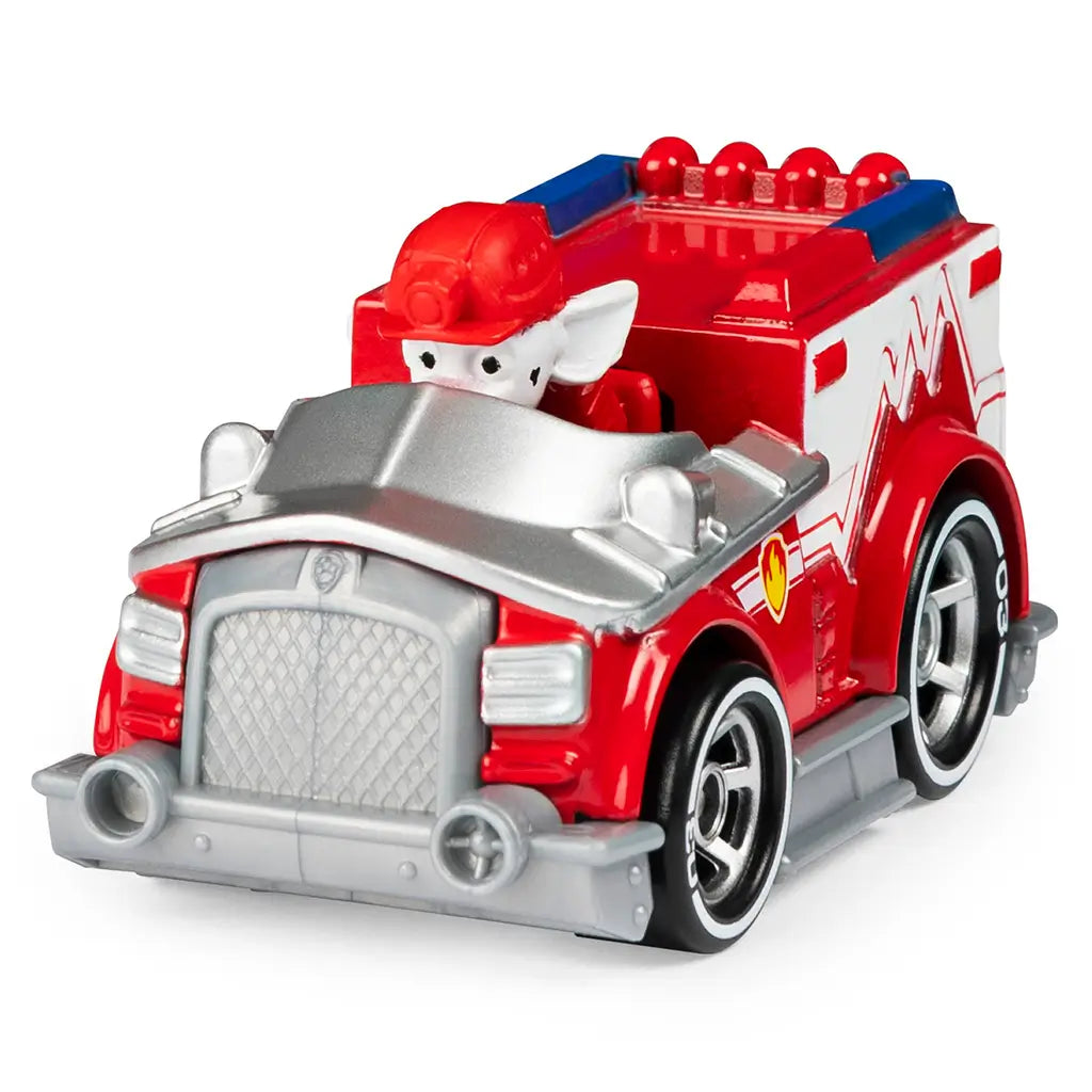 Red die-cast Paw Patrol Marshall EMT fire truck with silver grille, black wheels, and molded details, compact rescue vehicle design shown at an angled view on a plain white background.