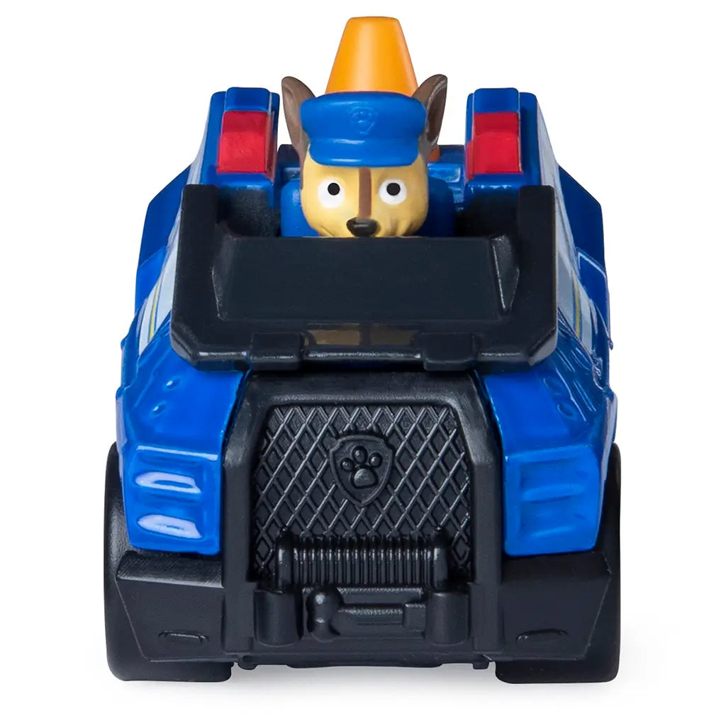 Blue die-cast Paw Patrol Chase police truck with black grille, molded bumper, and visible character driver, compact rescue vehicle front view displayed against a plain white background.