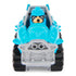 Blue die-cast Paw Patrol Rex Dino Rescue truck with gray grille, molded bumper, and visible character driver, compact off-road vehicle front view displayed against a plain white background.