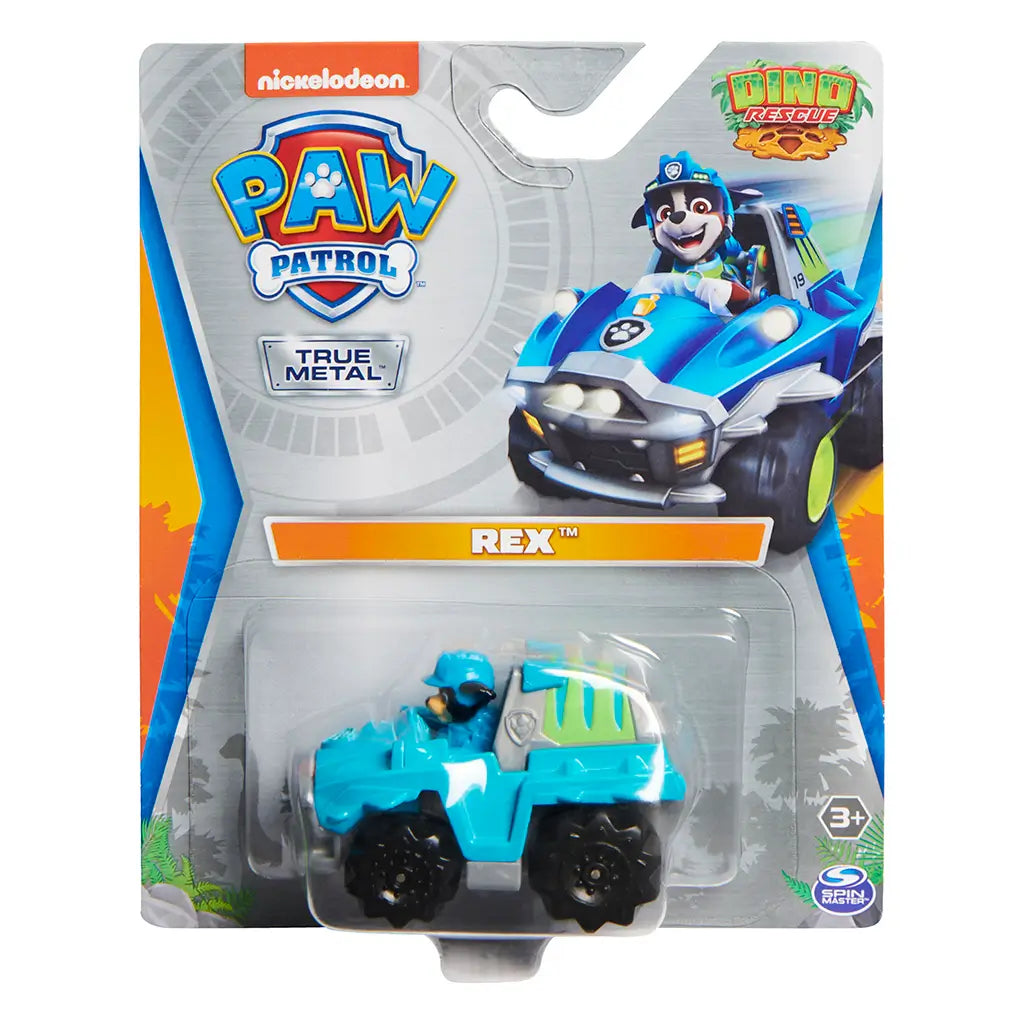 Blue plastic Paw Patrol Rex Dino Rescue truck toy in clear blister packaging on gray cardboard with Nickelodeon branding, character graphic, bold logo, and age label against a colorful backdrop.