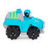 Blue die-cast Paw Patrol Rex Dino Rescue vehicle with black textured wheels, gray and green accents, low-profile off-road truck form shown in side view on a white background.