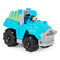 Blue die-cast Paw Patrol Rex Dino Rescue truck with black wheels and gray trim, compact off-road vehicle design featuring character driver, displayed on a clean white background.