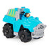 Blue die-cast Paw Patrol Rex Dino Rescue truck with black wheels and gray trim, compact off-road vehicle design featuring character driver, displayed on a clean white background.