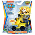 Paw Patrol Rubble toy truck package in bright yellow plastic and clear blister, angular carded form with Nickelodeon logo and Dino Rescue theme, displayed on retail shelf-style background