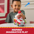 PAW Patrol Marshall fire truck toy in glossy red and white plastic with mounted launcher, operated by a smiling child at a table, demonstrating projectile action for creative rescue storytelling.