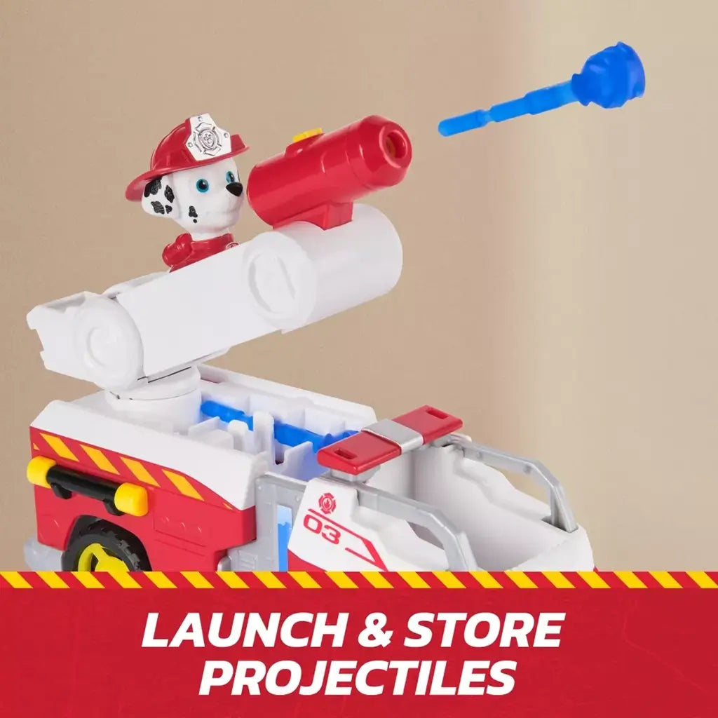 PAW Patrol Marshall fire engine toy in red and white plastic with pivoting ladder cannon launching blue water projectiles, highlighting storage compartment and action feature on neutral background.