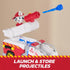 PAW Patrol Marshall fire engine toy in red and white plastic with pivoting ladder cannon launching blue water projectiles, highlighting storage compartment and action feature on neutral background.