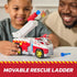 PAW Patrol Marshall fire truck toy in red and white molded plastic with extendable gray ladder and rotating red launcher, shown in a child’s hands on a tabletop during imaginative rescue play.