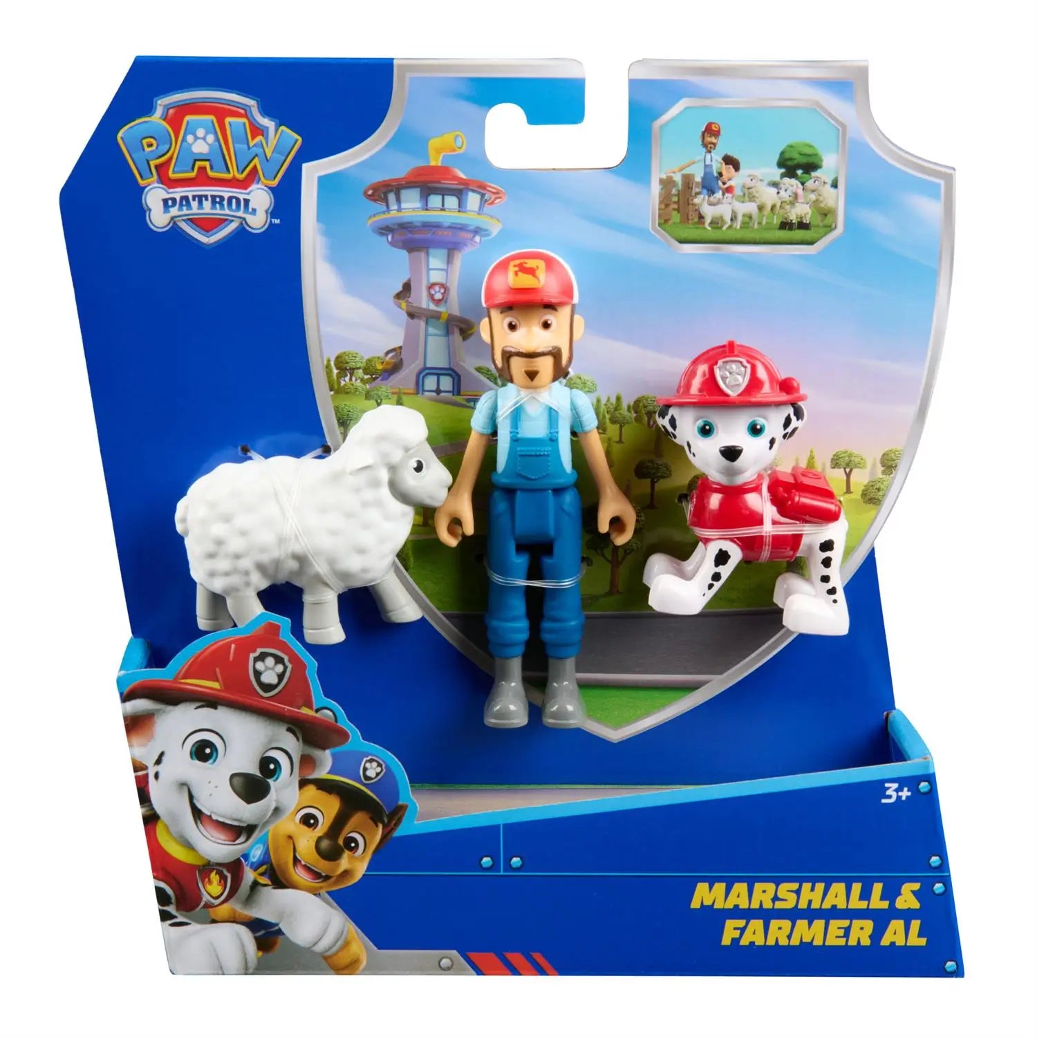 Paw Patrol Marshall & Farmer Al figure set in packaging, featuring Marshall in red firefighter gear, Farmer Al in red cap and blue overalls, and a small white sheep figure.