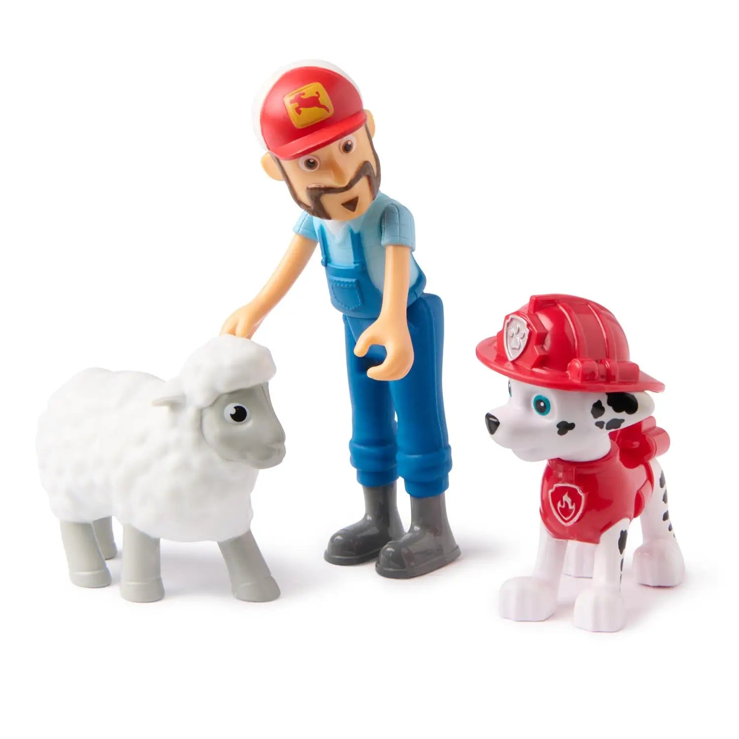 Paw Patrol toy set with Marshall Dalmatian dog in red firefighter helmet, Farmer Al in red cap and blue overalls, and white sheep figure displayed on white background.