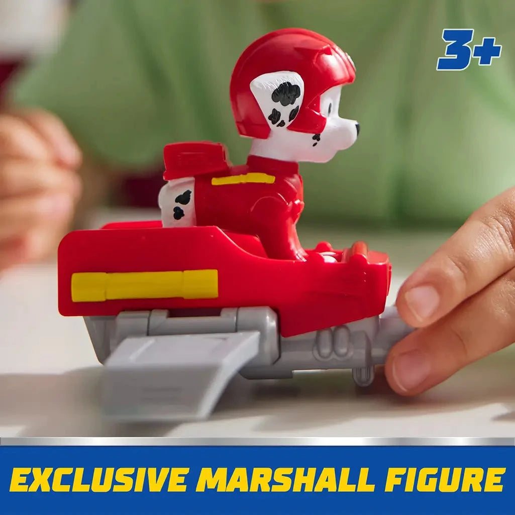 PAW Patrol Marshall action figure in red helmet and suit sits in red hoverboard with gray wings, designed for children ages 3 and up to encourage adventure play.